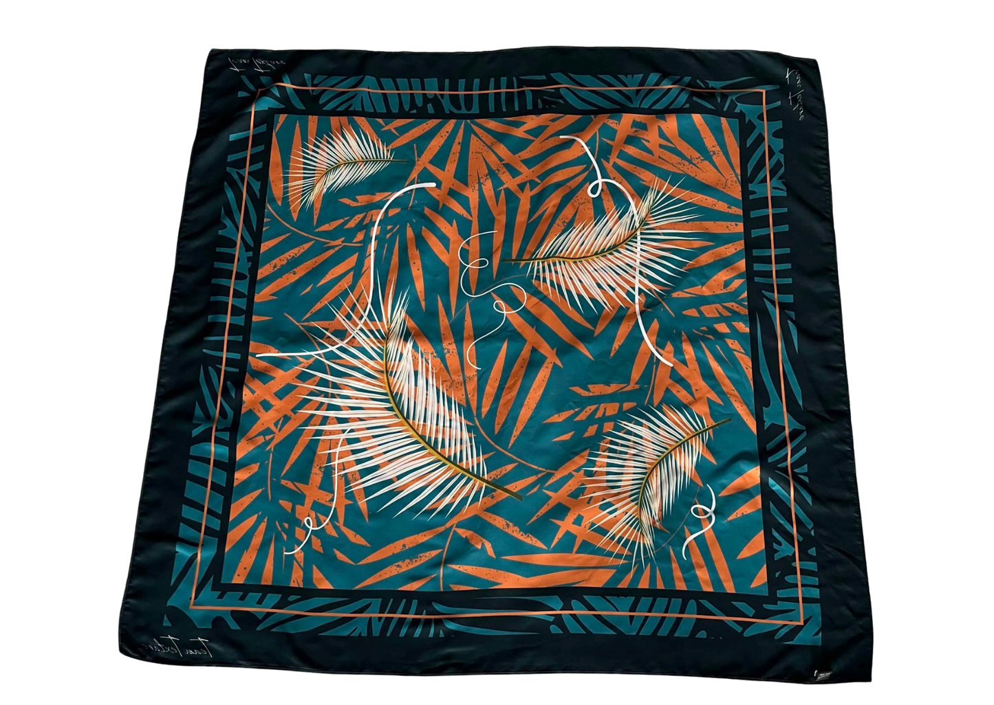 TT TROPICS 90 x 90 cm Silky Scarf: BLUE AND ORANGE LEAF PRINT