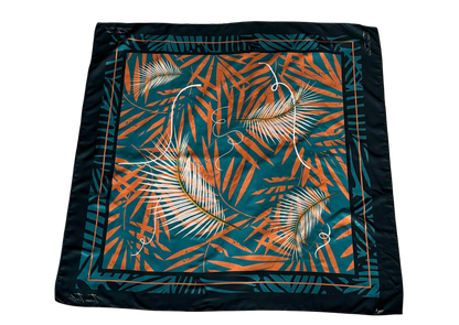 TT TROPICS 90 x 90 cm Silky Scarf: BLUE AND ORANGE LEAF PRINT