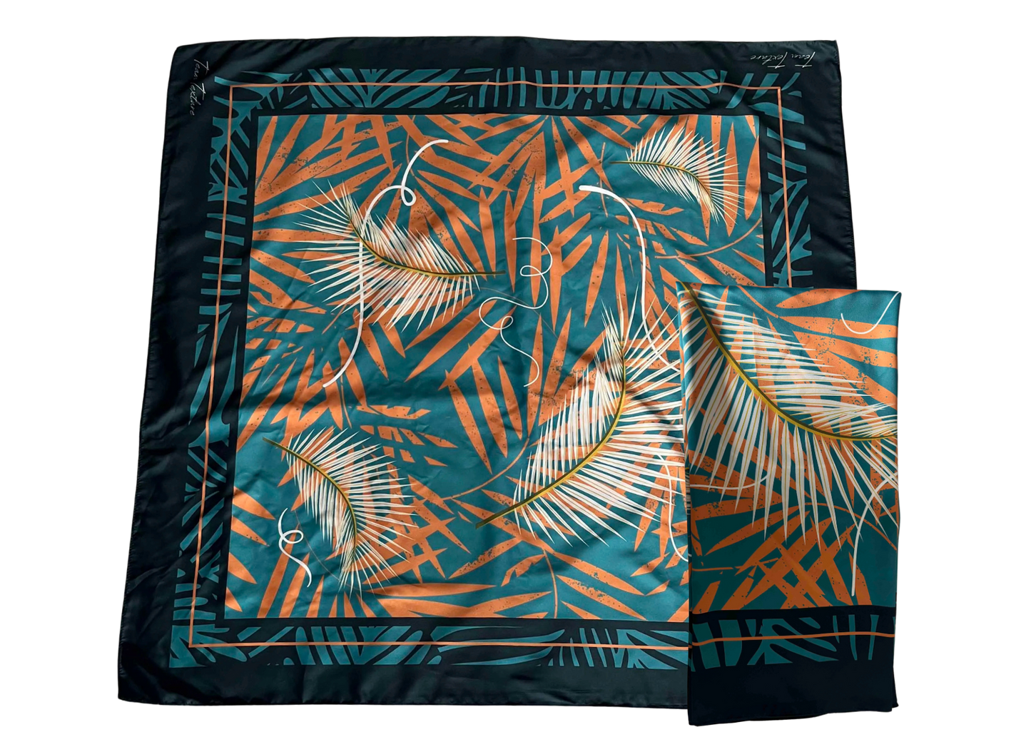 TT TROPICS 90 x 90 cm Silky Scarf: BLUE AND ORANGE LEAF PRINT